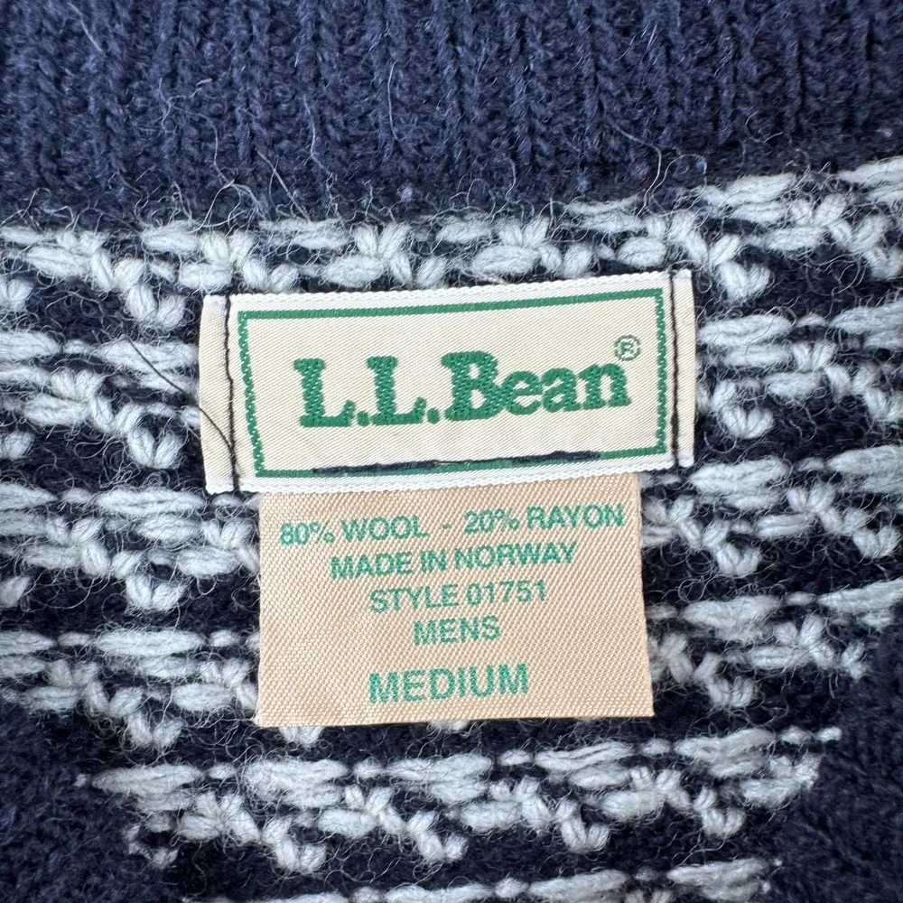 Vintage LL Bean Sweater Mens Medium Blue Birds Eye Wool Rayon Fisherman Norway - Picture 6 of 13